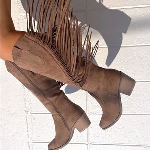 Faux Suede Fringe Cowgirl Boots